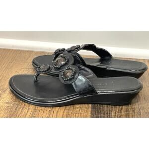 Etienne Aigner Black Sandal Thongs Heeled Beaded Women's Size 6